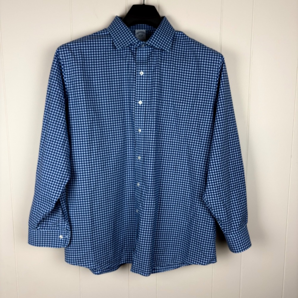 2 Brooks Brothers Mens 17.5 34 Regular Fit Gingham Non-Iron Stretch Shirts